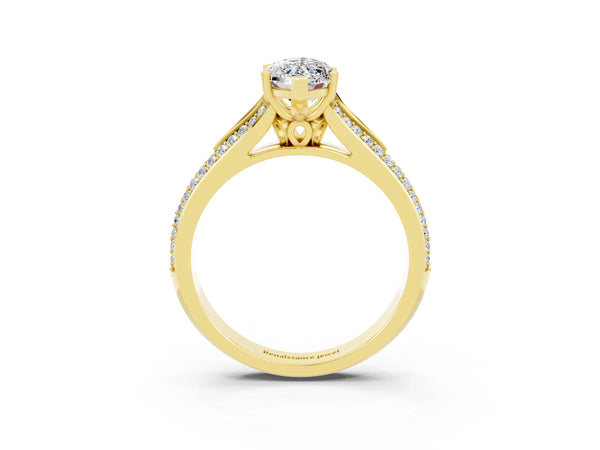 Yellow gold Marquise Cut Moissanite Split Shank Engagement Ring with Pavé Band