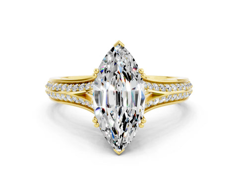 Yellow gold Marquise Cut Moissanite Split Shank Engagement Ring with Pavé Band