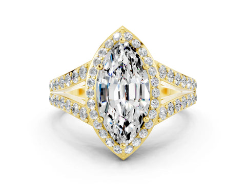 Yellow gold Marquise Cut Moissanite Split Shank Halo Ring with Four-Prong Setting_12