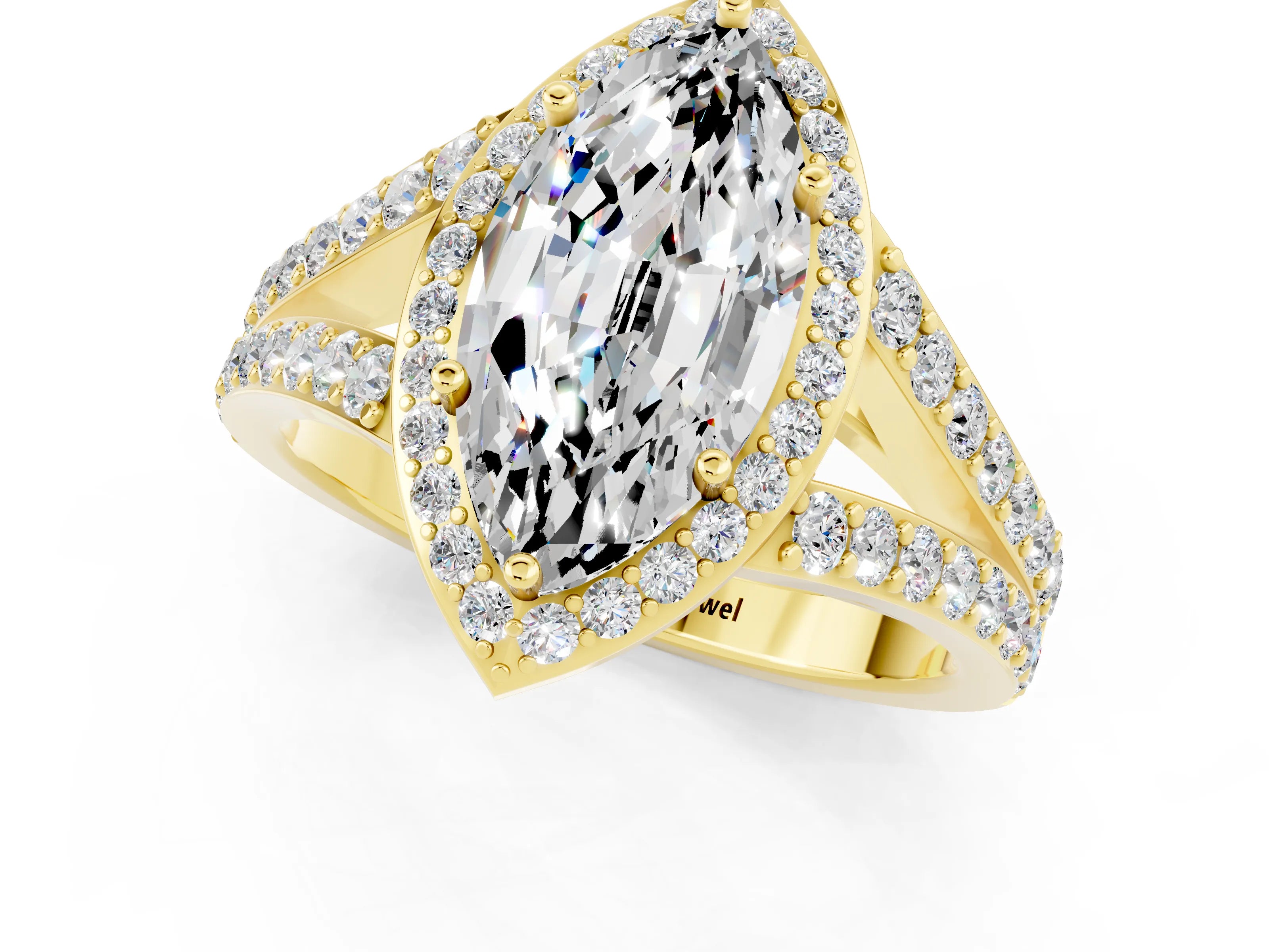 Yellow gold Marquise Cut Moissanite Split Shank Halo Ring with Four-Prong Setting_13