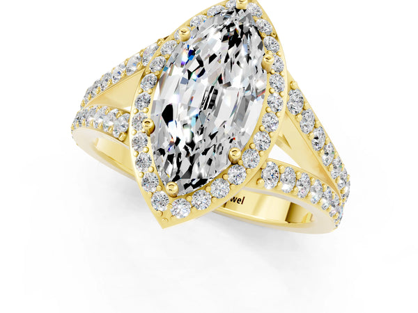 Yellow gold Marquise Cut Moissanite Split Shank Halo Ring with Four-Prong Setting