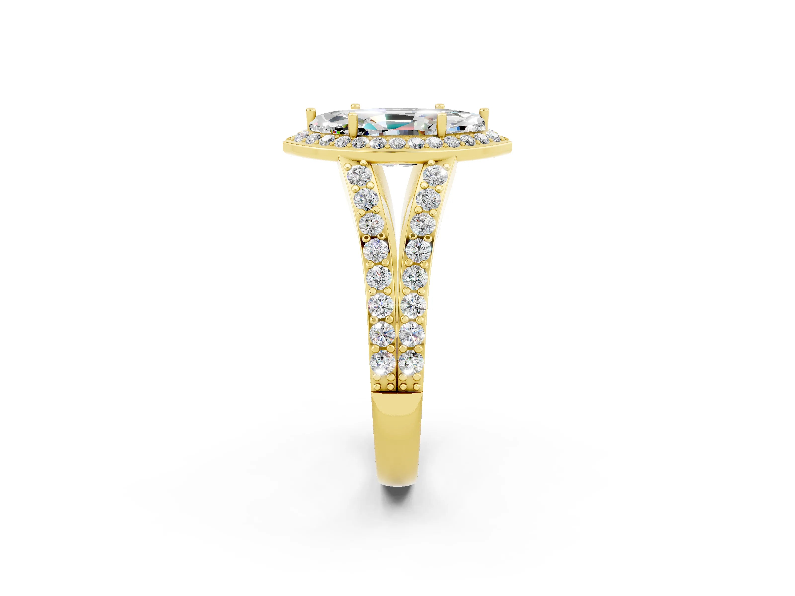 Yellow gold Marquise Cut Moissanite Split Shank Halo Ring with Four-Prong Setting_14