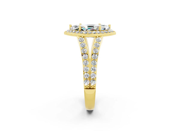 Yellow gold Marquise Cut Moissanite Split Shank Halo Ring with Four-Prong Setting