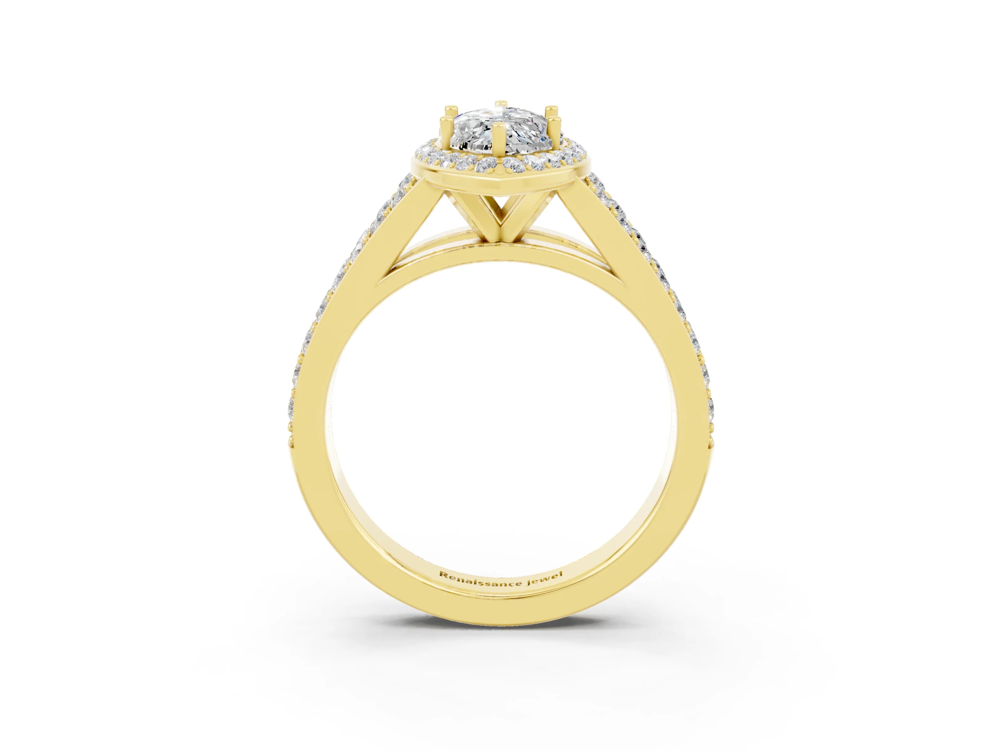 Yellow gold Marquise Cut Moissanite Split Shank Halo Ring with Four-Prong Setting_15
