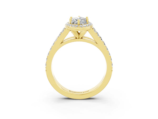 Yellow gold Marquise Cut Moissanite Split Shank Halo Ring with Four-Prong Setting