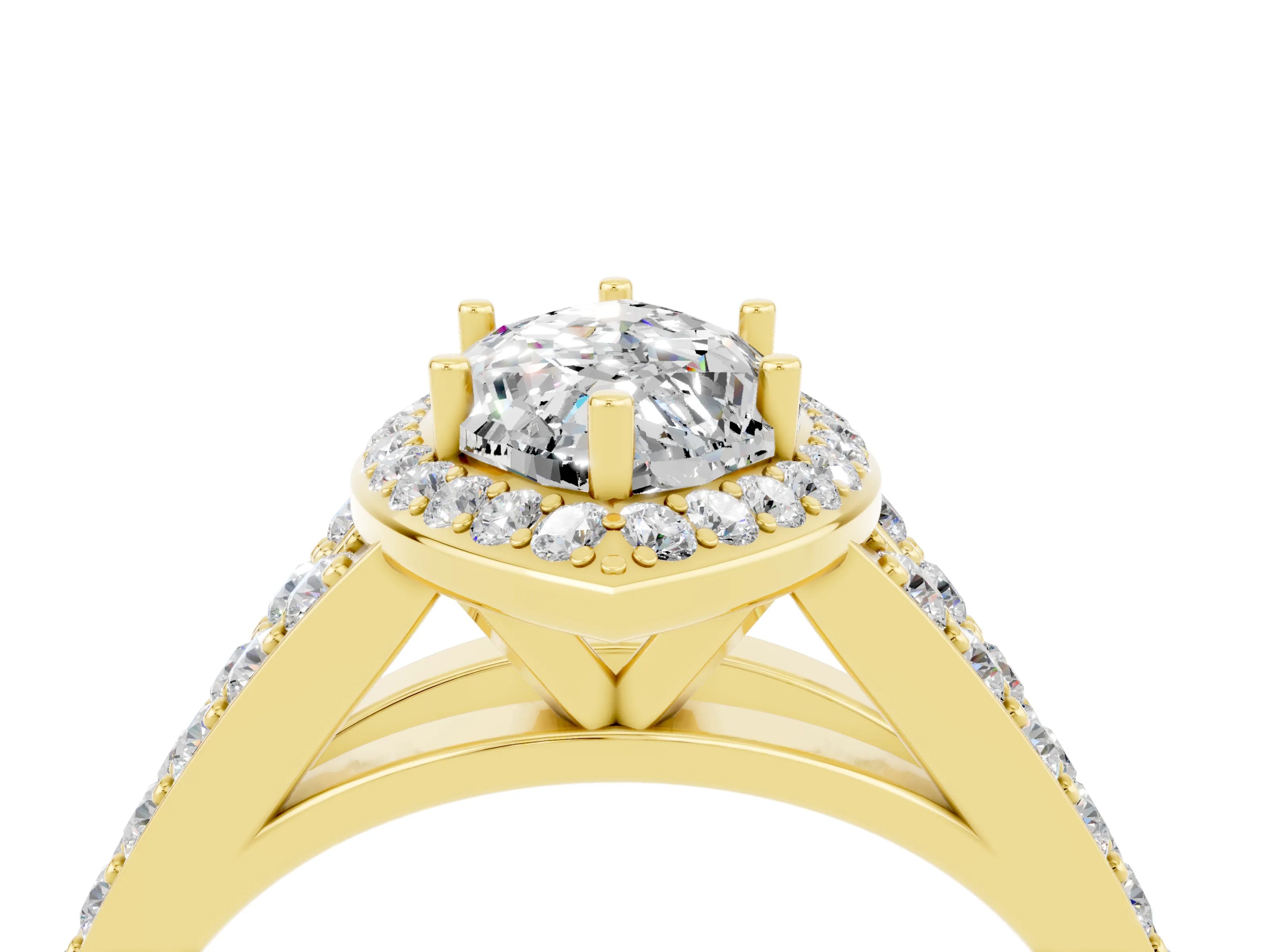 Yellow gold Marquise Cut Moissanite Split Shank Halo Ring with Four-Prong Setting_16