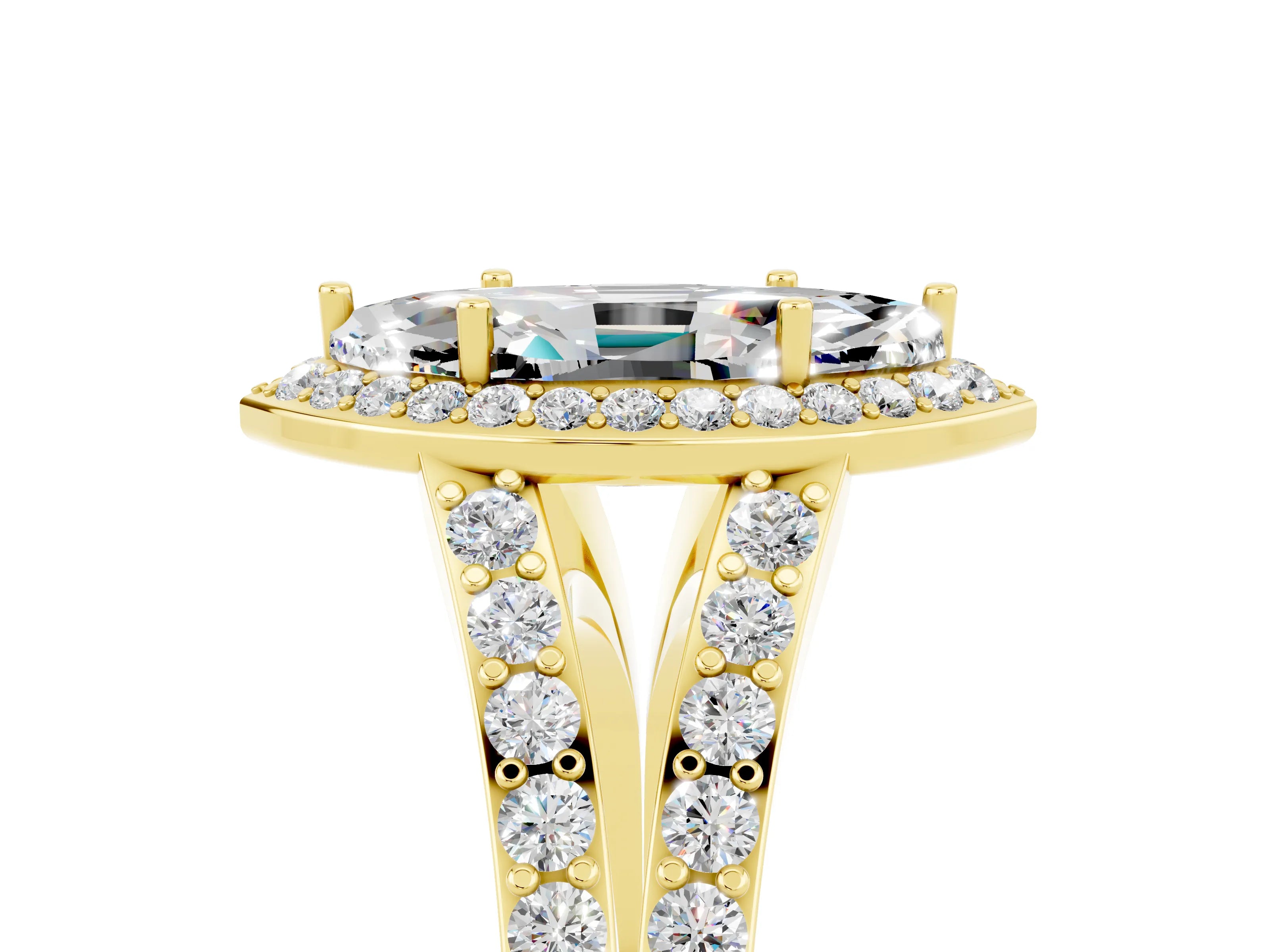 Yellow gold Marquise Cut Moissanite Split Shank Halo Ring with Four-Prong Setting_17