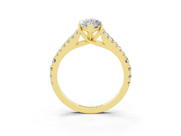 Yellow gold Marquise Cut Moissanite Split Shank Pavé Engagement Ring with Four-Prong Setting
