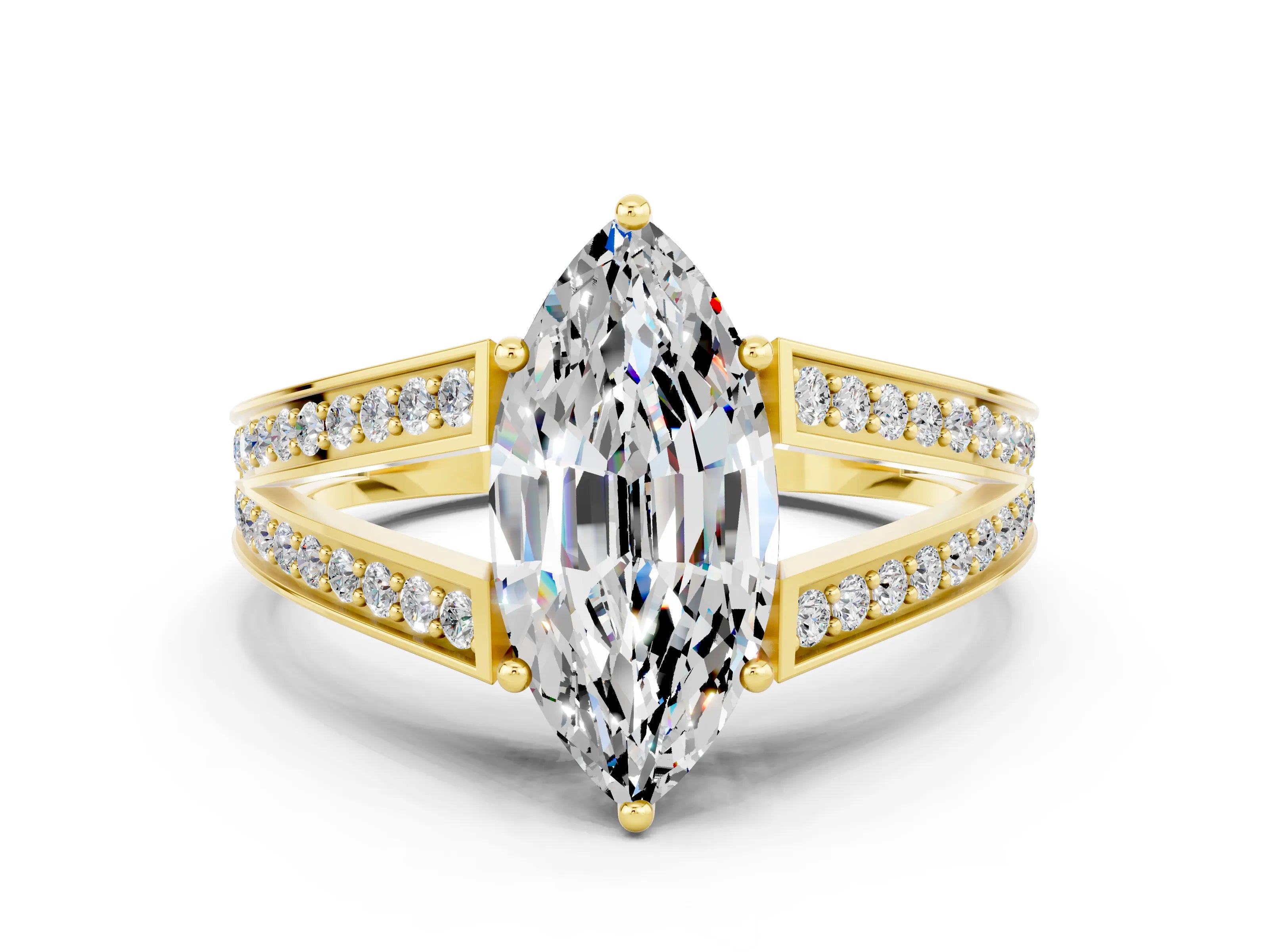 Yellow gold Marquise Cut Moissanite Split Shank Ring with Pavé Band and Four-Prong Setting