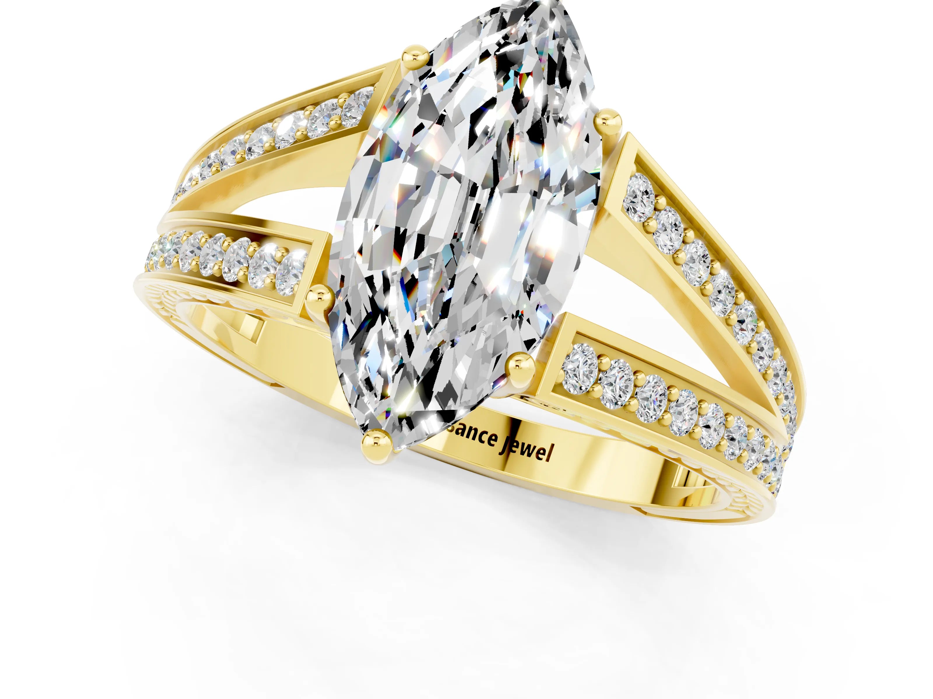 Yellow gold Marquise Cut Moissanite Split Shank Ring with Pavé Band and Four-Prong Setting_1