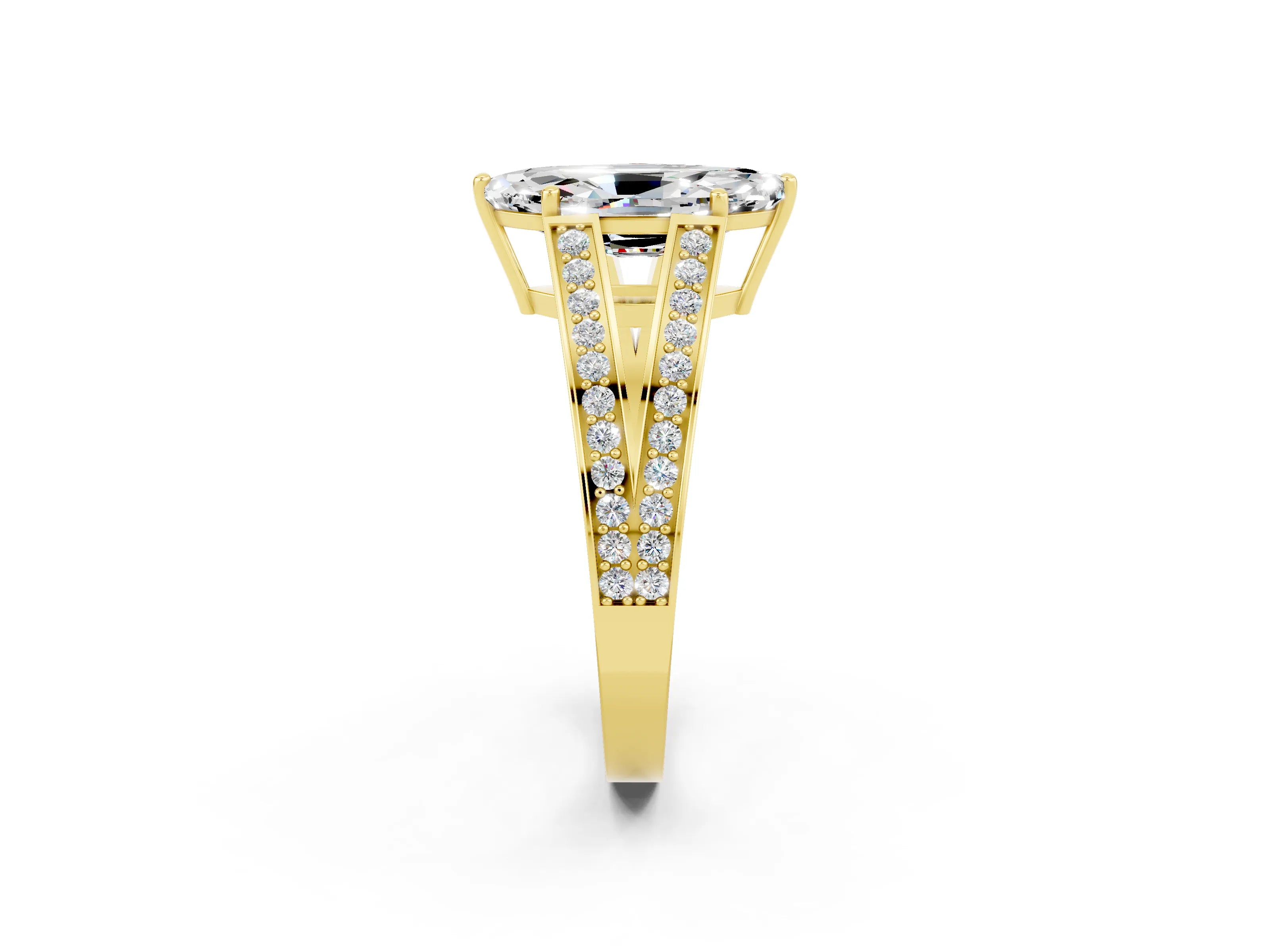 Yellow gold Marquise Cut Moissanite Split Shank Ring with Pavé Band and Four-Prong Setting_2