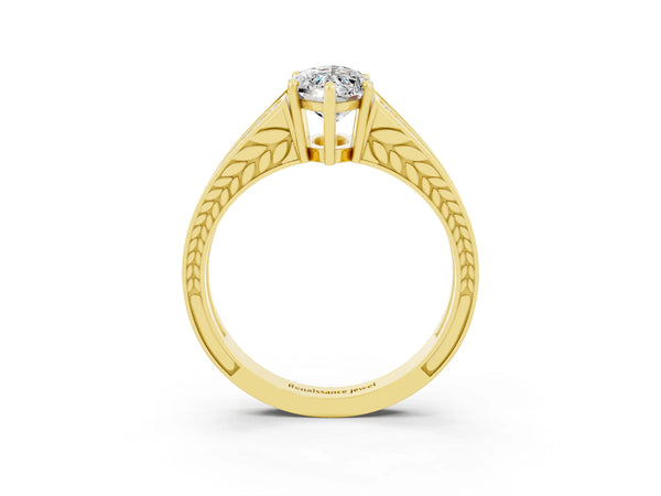 Yellow gold Marquise Cut Moissanite Split Shank Ring with Pavé Band and Four-Prong Setting
