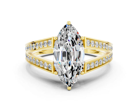 Yellow gold Marquise Cut Moissanite Split Shank Ring with Pavé Band and Four-Prong Setting