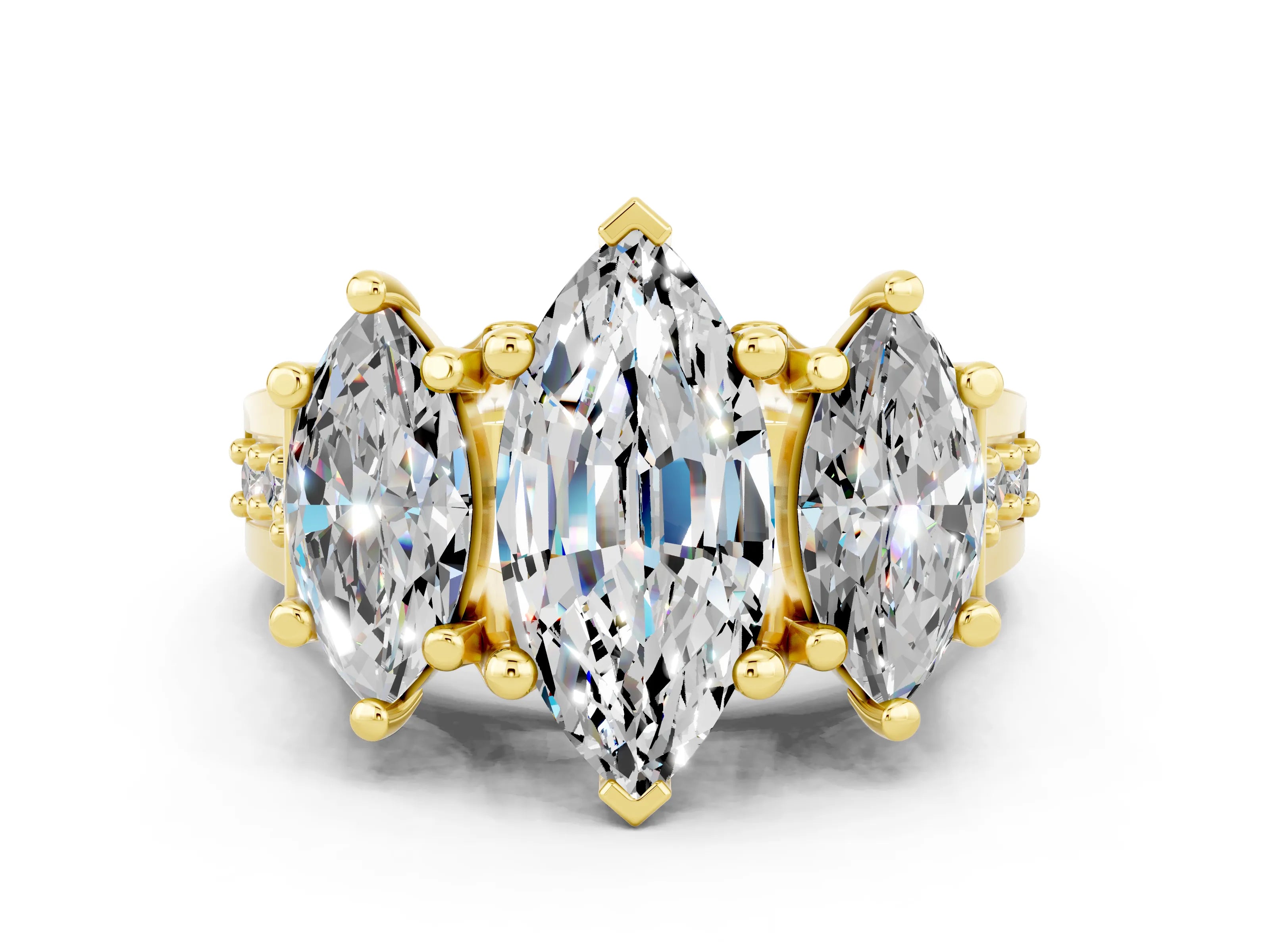Yellow gold Marquise Cut Moissanite Three-Stone Ring with Channel Set Band and Four-Prong Setting