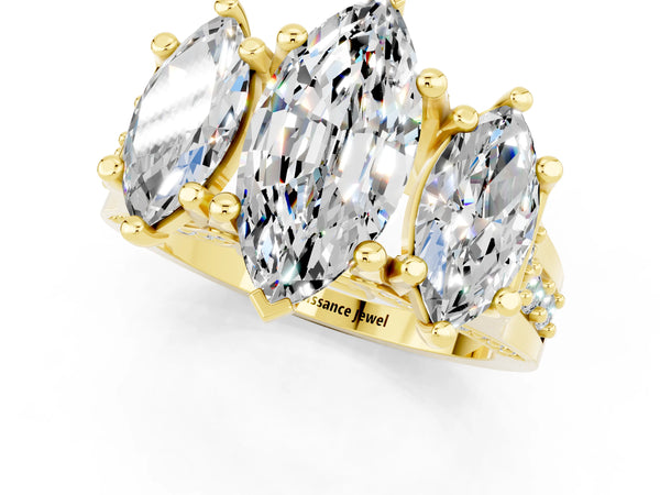 Yellow gold Marquise Cut Moissanite Three-Stone Ring with Channel Set Band and Four-Prong Setting