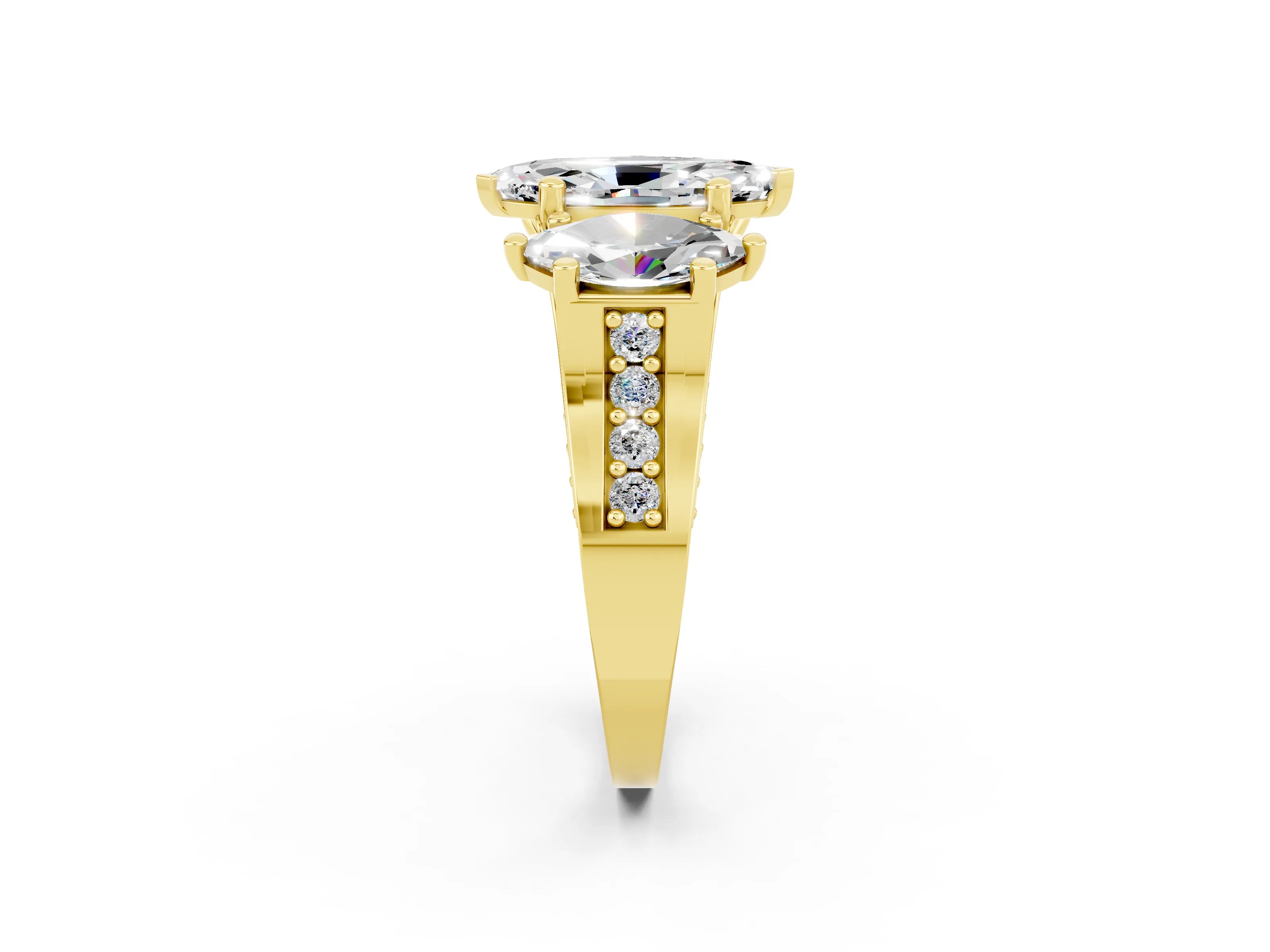 Yellow gold Marquise Cut Moissanite Three-Stone Ring with Channel Set Band and Four-Prong Setting_2