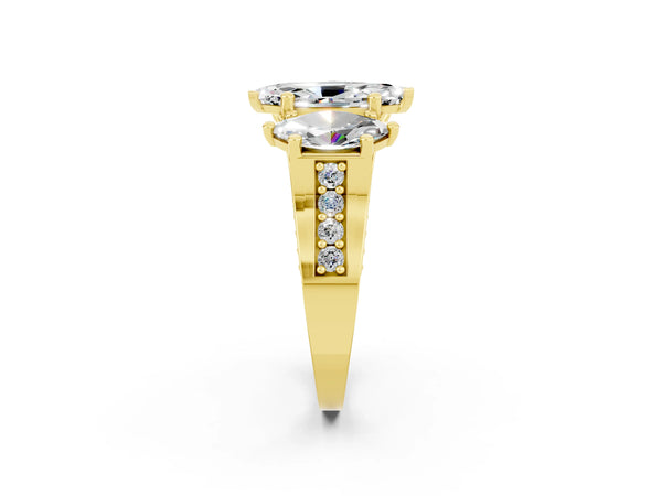 Yellow gold Marquise Cut Moissanite Three-Stone Ring with Channel Set Band and Four-Prong Setting