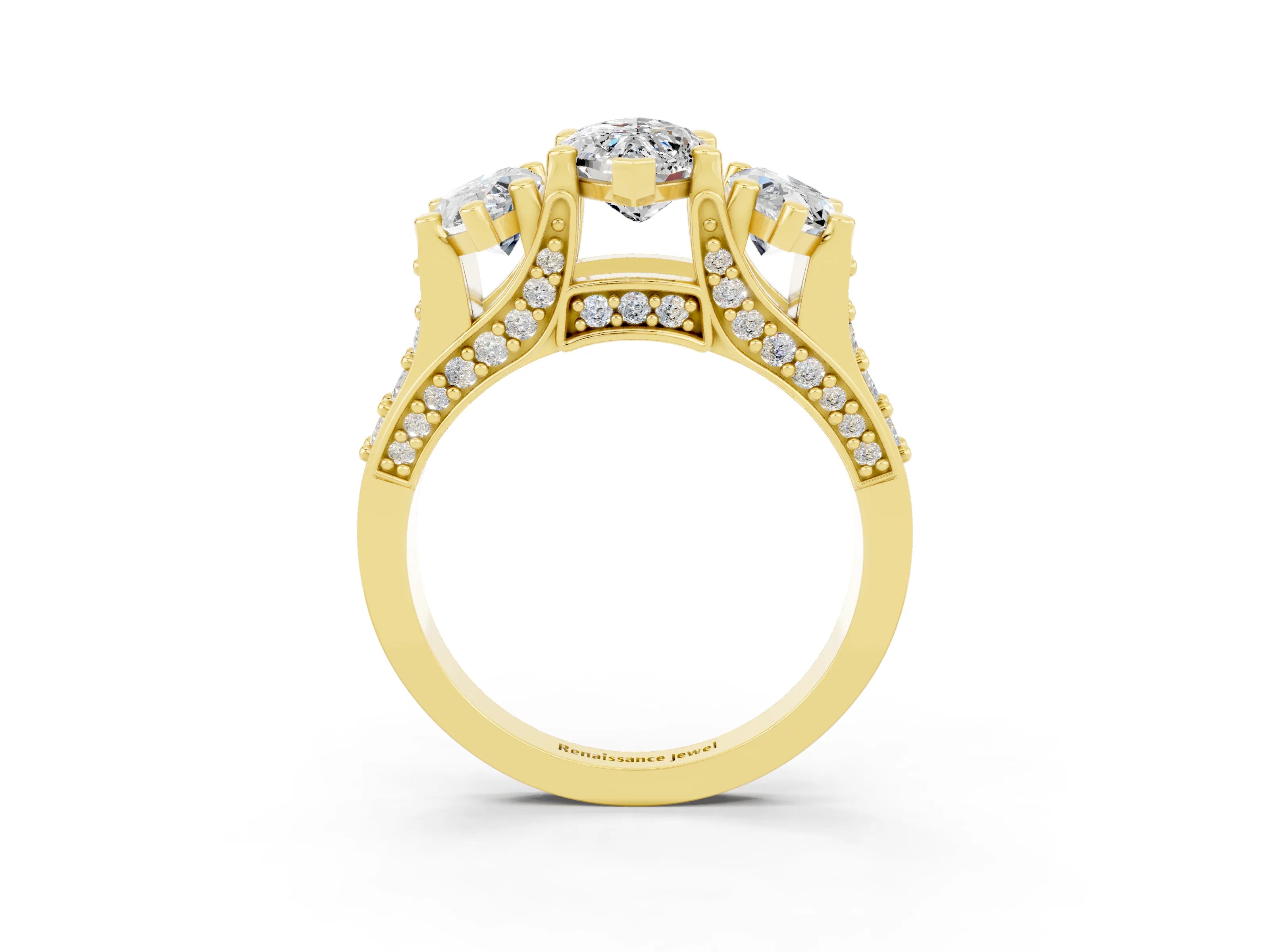 Yellow gold Marquise Cut Moissanite Three-Stone Ring with Channel Set Band and Four-Prong Setting_3