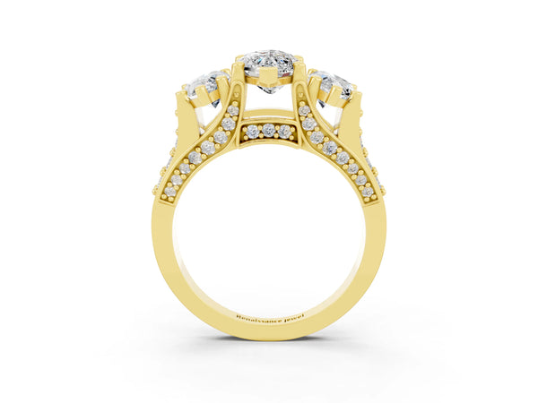 Yellow gold Marquise Cut Moissanite Three-Stone Ring with Channel Set Band and Four-Prong Setting