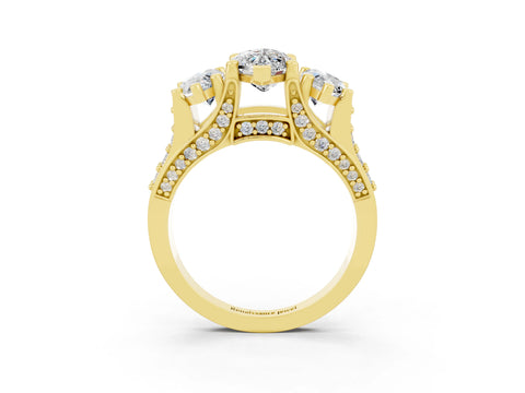 Yellow gold Marquise Cut Moissanite Three-Stone Ring with Channel Set Band and Four-Prong Setting_3