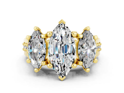 Yellow gold Marquise Cut Moissanite Three-Stone Ring with Channel Set Band and Four-Prong Setting