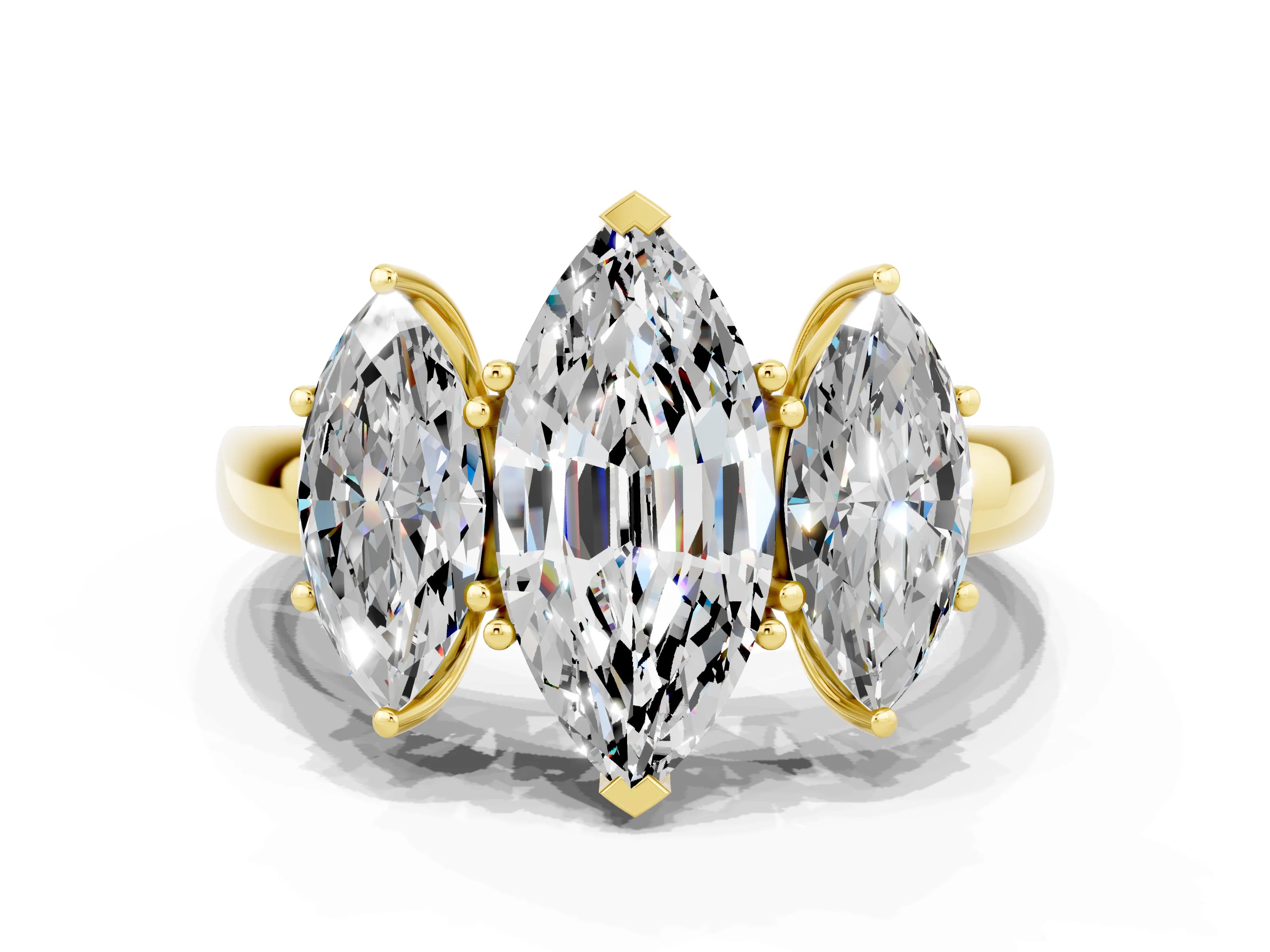 Yellow gold Marquise Cut Moissanite Three-Stone Ring with Four-Prong Setting and Classic Band