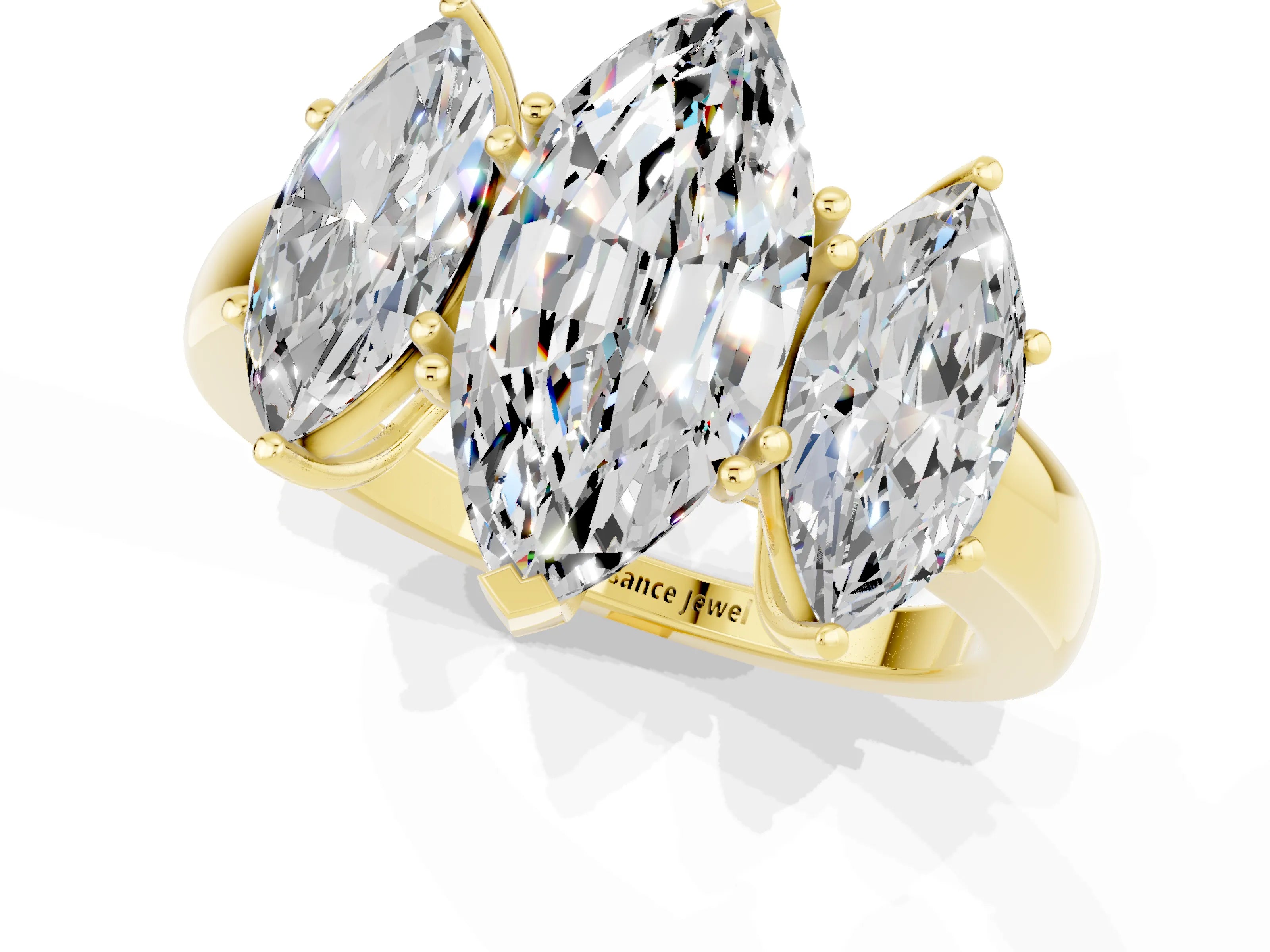 Yellow gold Marquise Cut Moissanite Three-Stone Ring with Four-Prong Setting and Classic Band_1