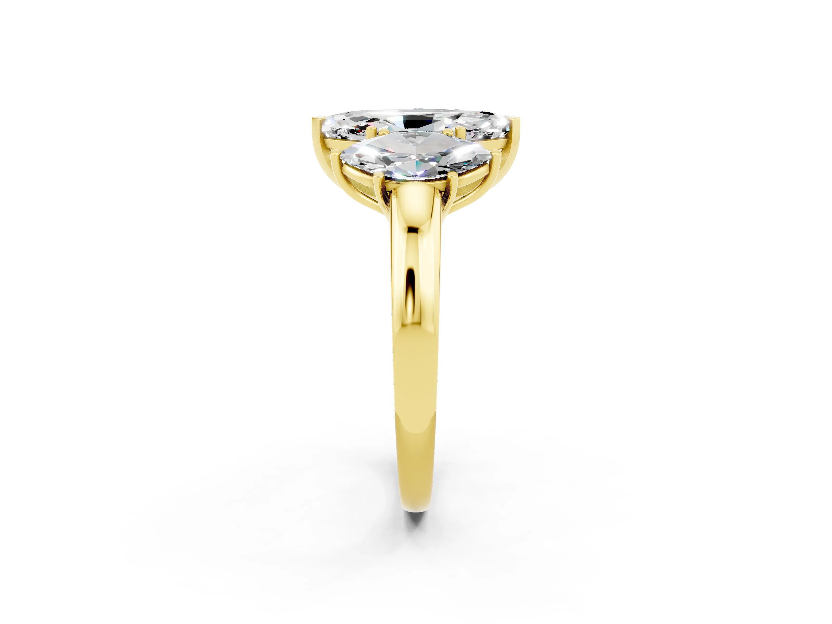 Yellow gold Marquise Cut Moissanite Three-Stone Ring with Four-Prong Setting and Classic Band_2