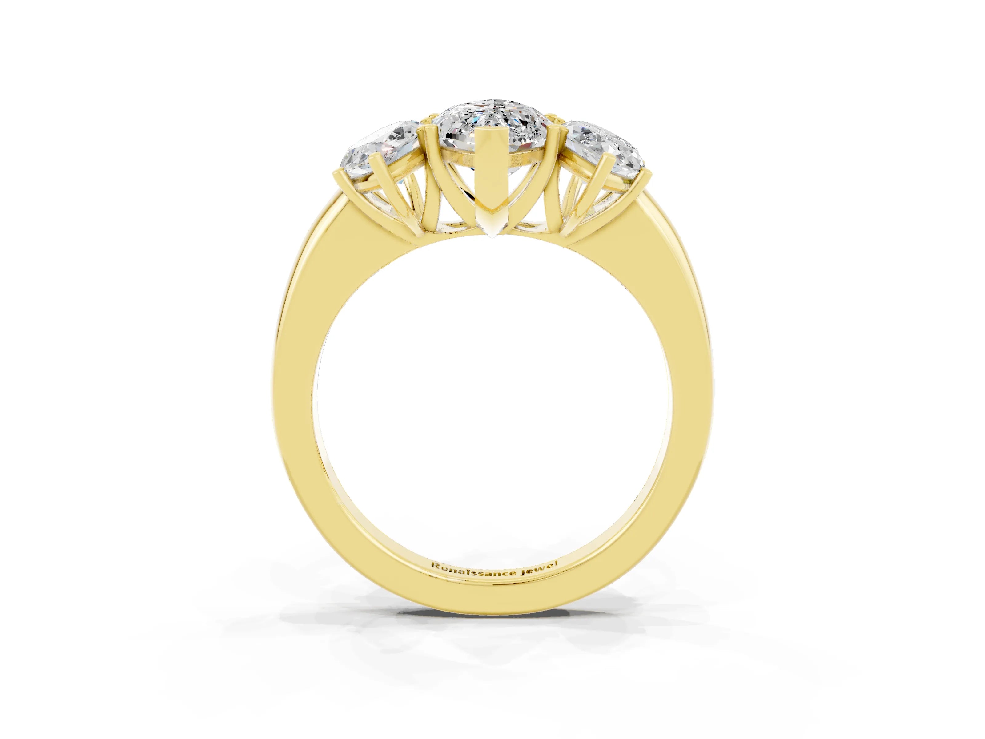 Yellow gold Marquise Cut Moissanite Three-Stone Ring with Four-Prong Setting and Classic Band_3