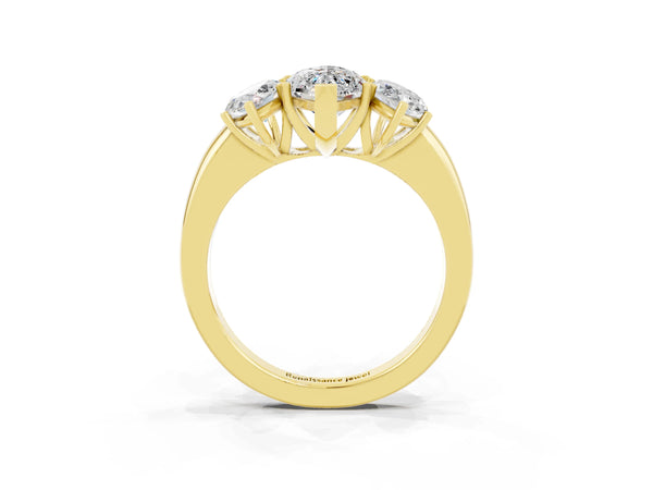 Yellow gold Marquise Cut Moissanite Three-Stone Ring with Four-Prong Setting and Classic Band