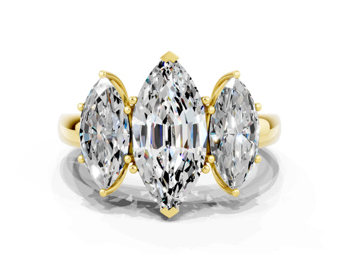 Yellow gold Marquise Cut Moissanite Three-Stone Ring with Four-Prong Setting and Classic Band