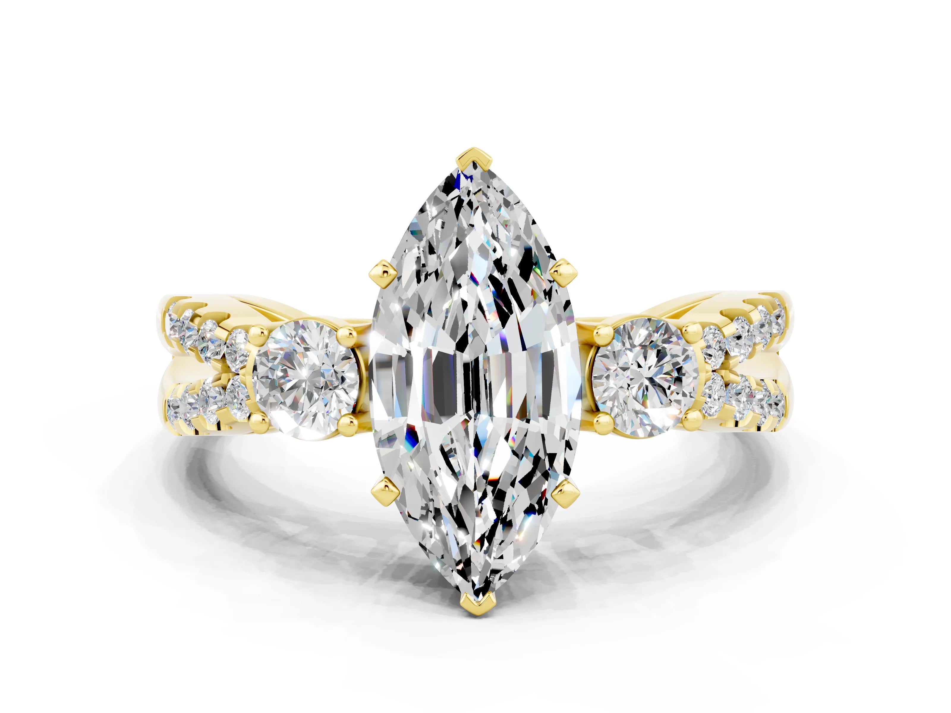 Yellow gold Marquise Cut Moissanite Three-Stone Ring with Pavé Split Shank and Four-Prong Setting_12