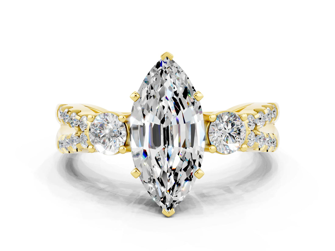 Yellow gold Marquise Cut Moissanite Three-Stone Ring with Pavé Split Shank and Four-Prong Setting_12