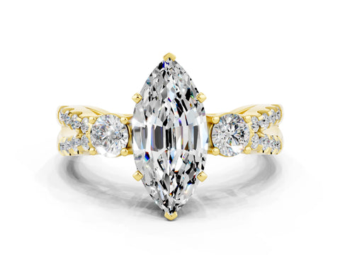 Yellow gold Marquise Cut Moissanite Three-Stone Ring with Pavé Split Shank and Four-Prong Setting_12