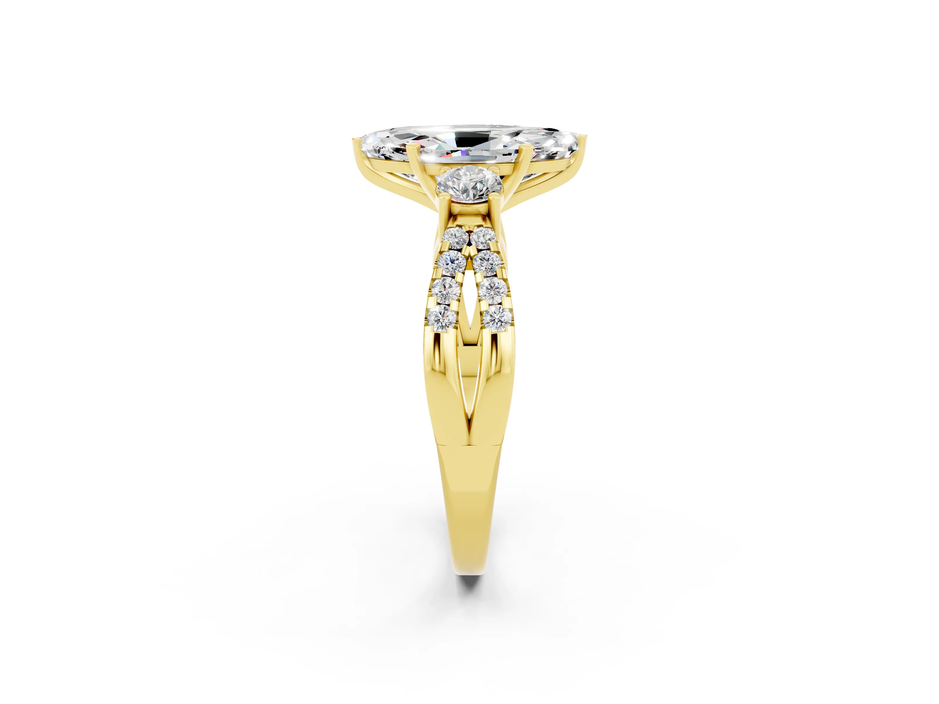 Yellow gold Marquise Cut Moissanite Three-Stone Ring with Pavé Split Shank and Four-Prong Setting_14