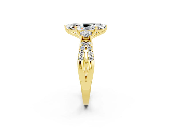 Yellow gold Marquise Cut Moissanite Three-Stone Ring with Pavé Split Shank and Four-Prong Setting