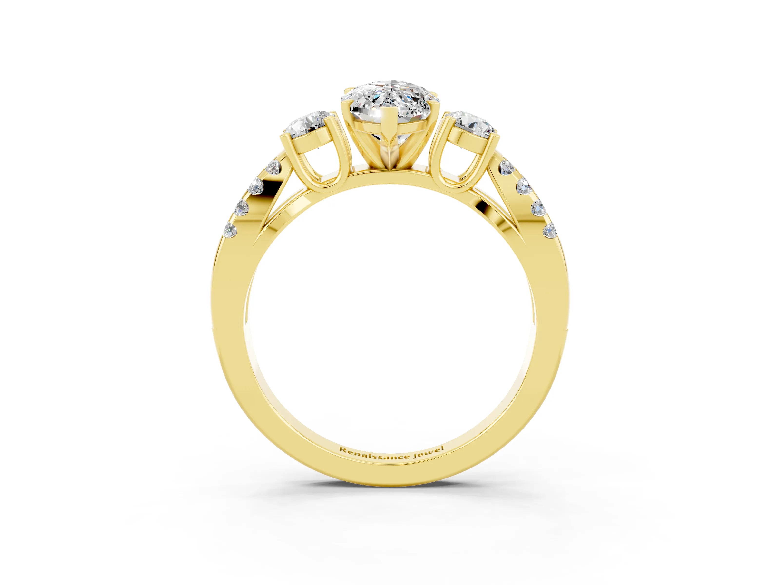 Yellow gold Marquise Cut Moissanite Three-Stone Ring with Pavé Split Shank and Four-Prong Setting_15