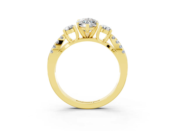 Yellow gold Marquise Cut Moissanite Three-Stone Ring with Pavé Split Shank and Four-Prong Setting