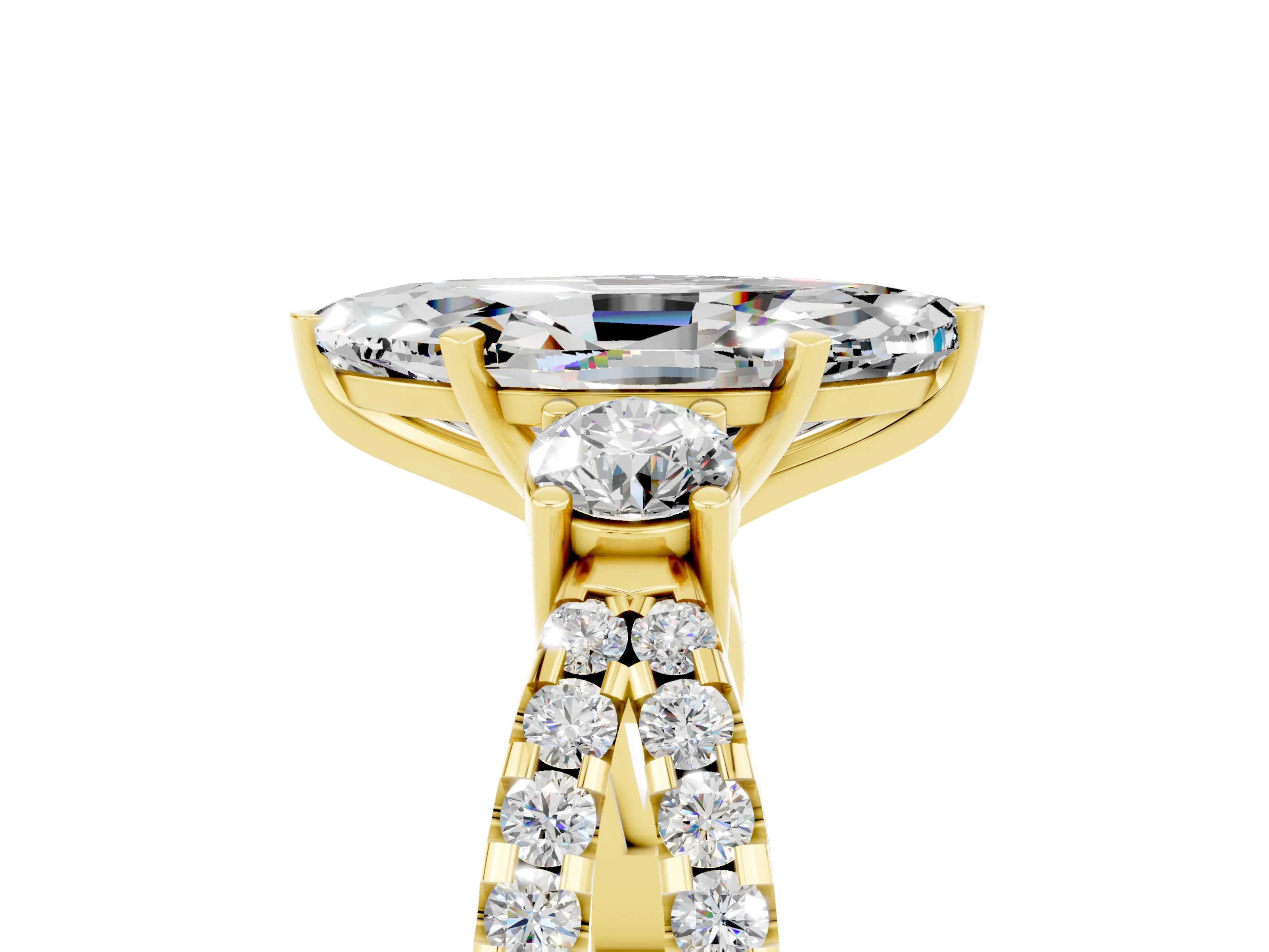 Yellow gold Marquise Cut Moissanite Three-Stone Ring with Pavé Split Shank and Four-Prong Setting_17