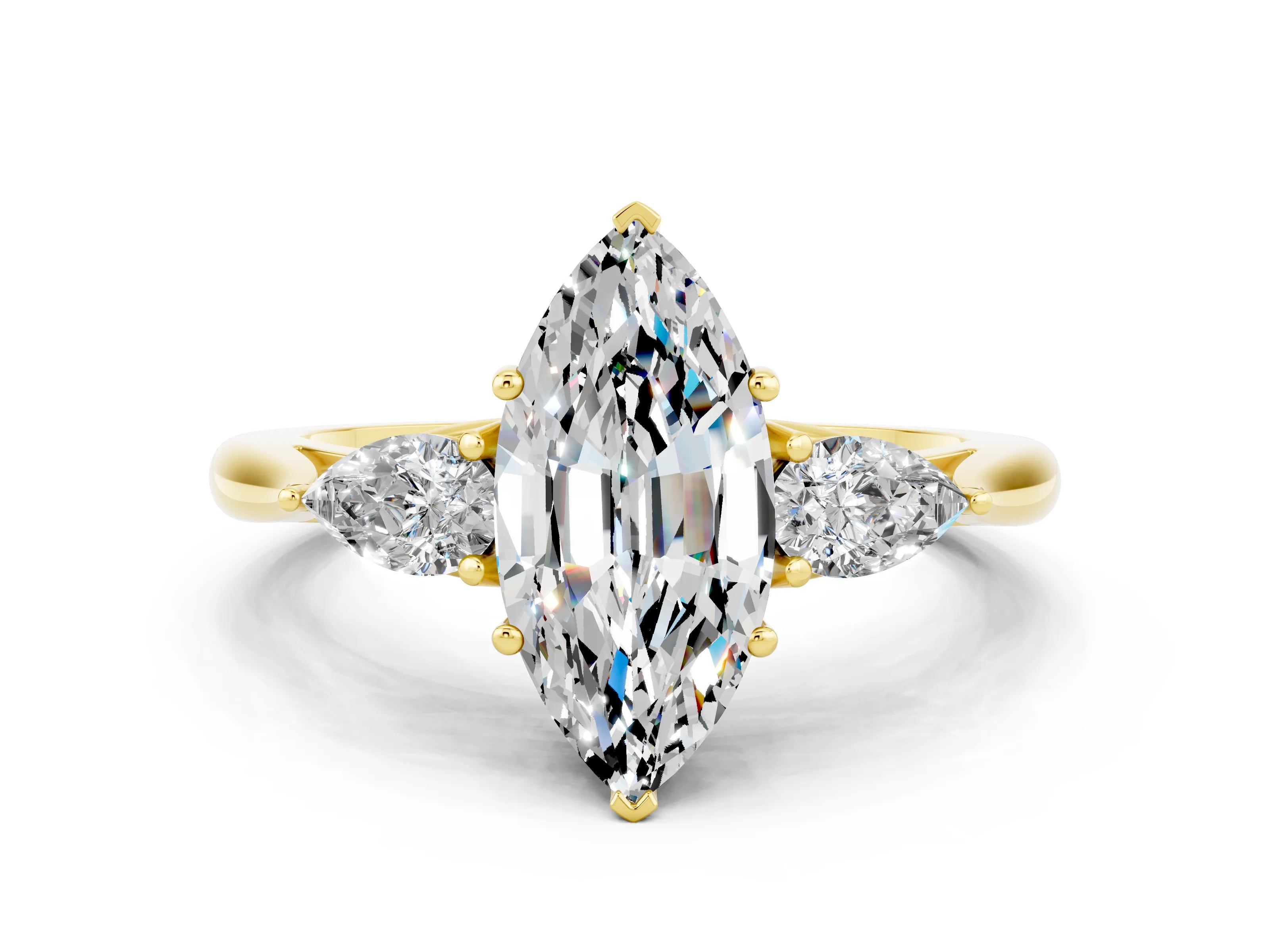 Yellow gold Marquise Cut Moissanite Three-Stone Ring with Pear Side Stones and Four-Prong Setting_12