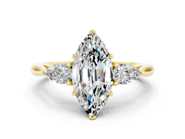 Yellow gold Marquise Cut Moissanite Three-Stone Ring with Pear  Side Stones and Prong Setting