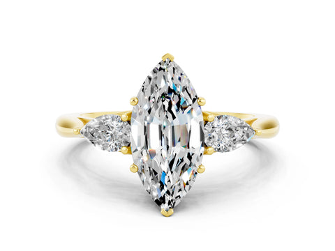 Yellow gold Marquise Cut Moissanite Three-Stone Ring with Pear Side Stones and Four-Prong Setting_12
