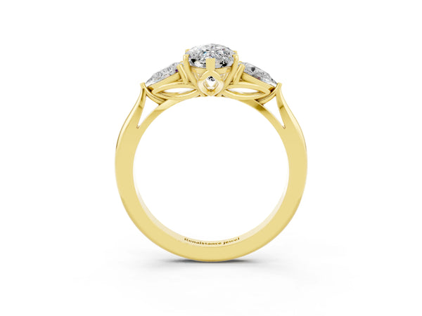 Yellow gold Marquise Cut Moissanite Three-Stone Ring with Pear  Side Stones and Prong Setting