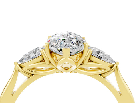 Yellow gold Marquise Cut Moissanite Three-Stone Ring with Pear Side Stones and Four-Prong Setting_16