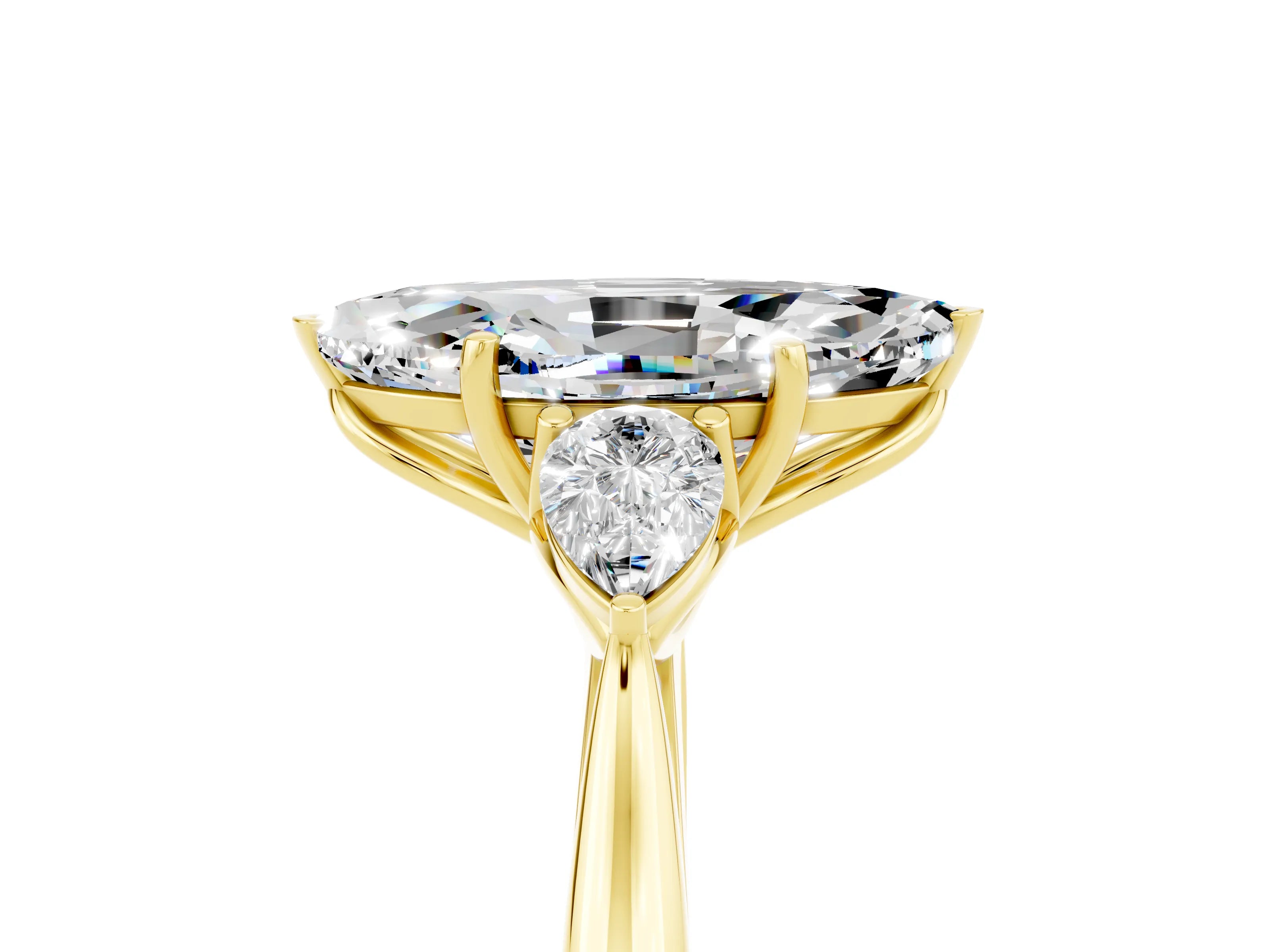 Yellow gold Marquise Cut Moissanite Three-Stone Ring with Pear Side Stones and Four-Prong Setting_17