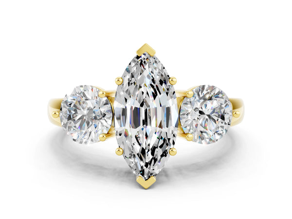 Yellow gold Marquise Cut Moissanite Three-Stone Ring with Prong Setting and Classic Band