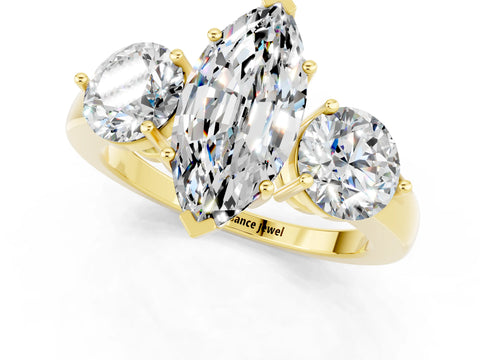 Yellow gold Marquise Cut Moissanite Three-Stone Ring with Prong Setting and Classic Band_1