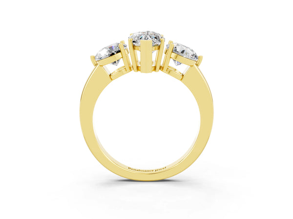 Yellow gold Marquise Cut Moissanite Three-Stone Ring with Prong Setting and Classic Band