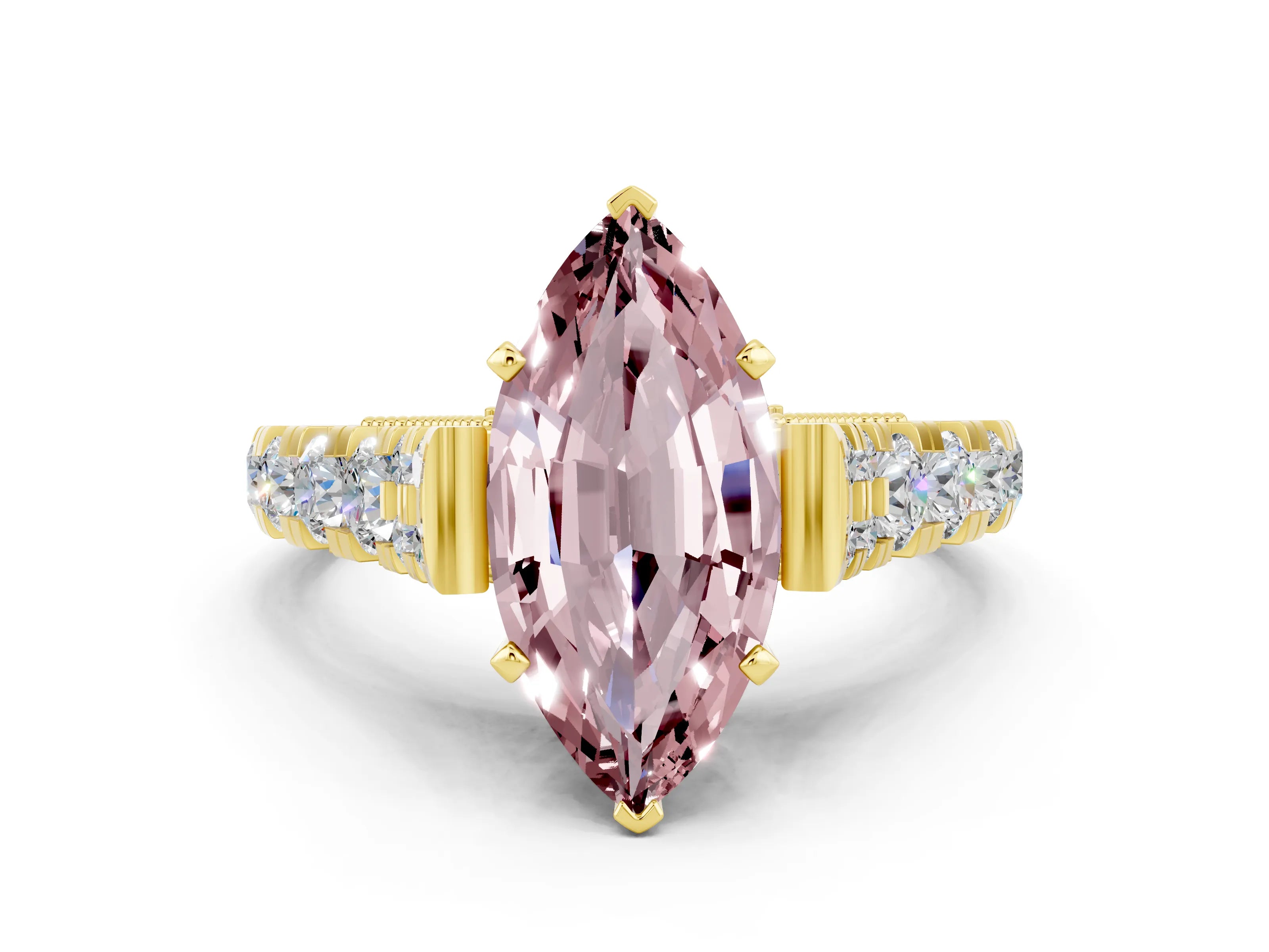 Yellow gold Marquise Cut Morganite Classic Solitaire Ring with Pavé Band and Four-Prong Setting