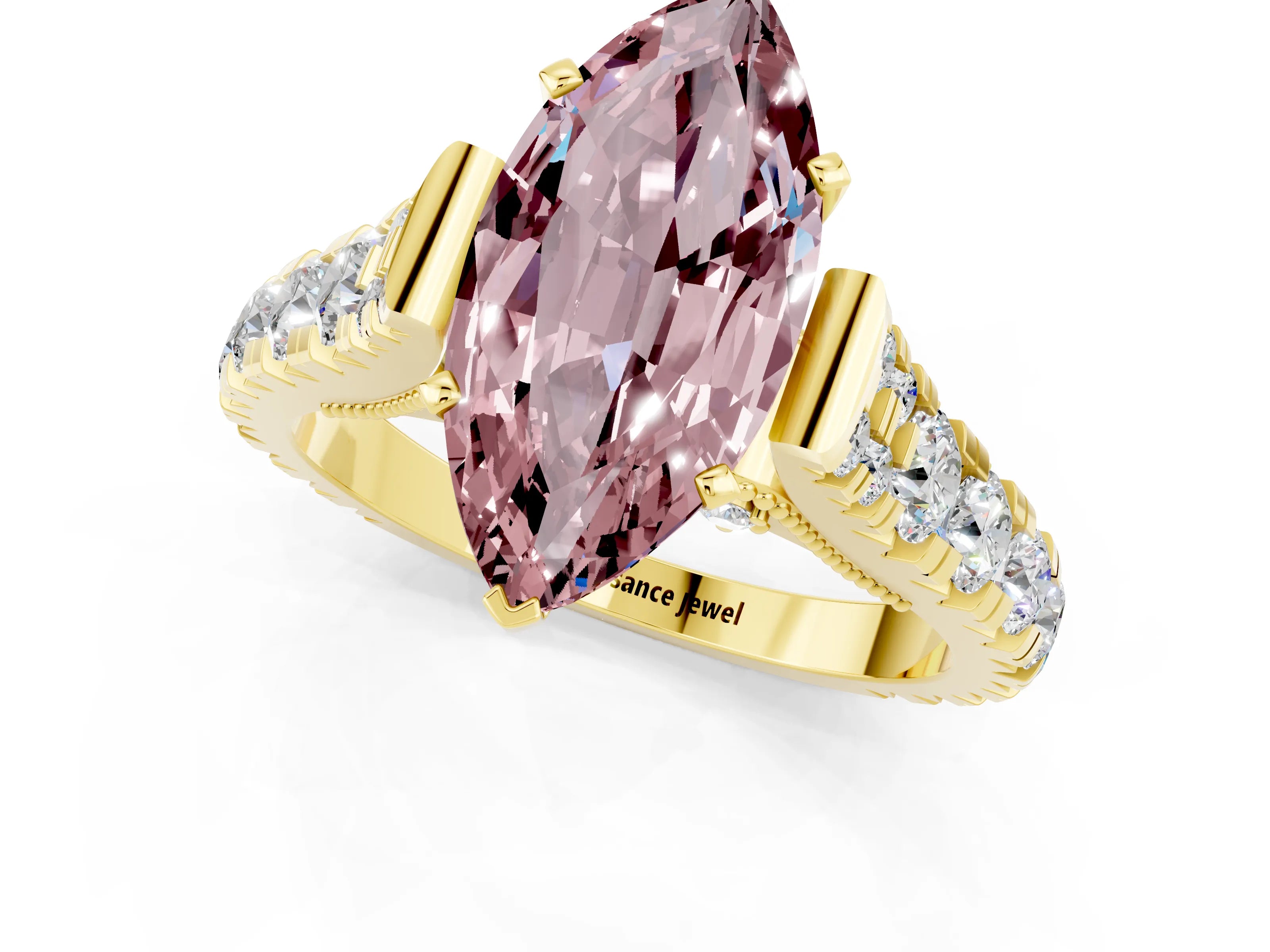 Yellow gold Marquise Cut Morganite Classic Solitaire Ring with Pavé Band and Four-Prong Setting_1